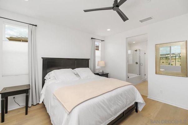 Bathroom, Bedroom, Glass Shower, Interior, Recessed Lighting, Wood Texture Flooring