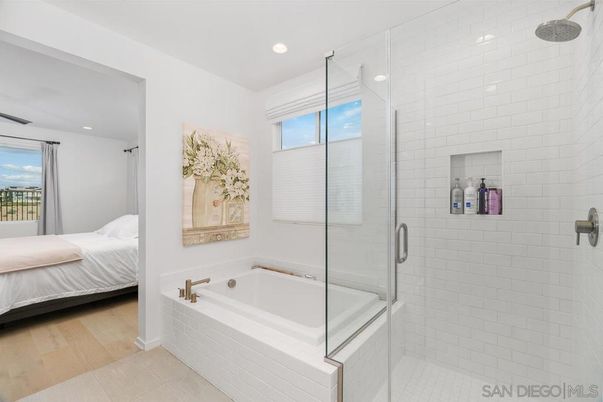 Bathroom, Bedroom, Glass Shower, Interior, Recessed Lighting, Wood Texture Flooring