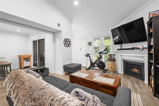 Fireplace, Fitness Equipment, Interior, Living room, Recessed Lighting, Wood Texture Flooring