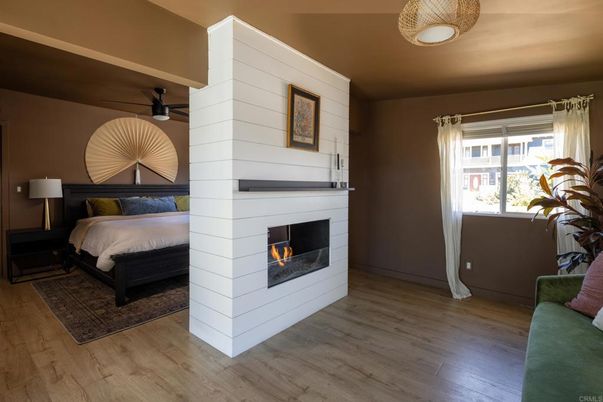 Bedroom, Fireplace, Interior, Wood Texture Flooring