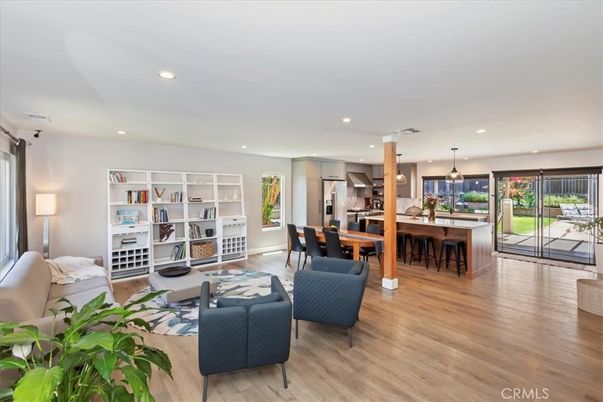 Dining room, Interior, Kitchen, Living room, Pendant Lights, Recessed Lighting, Stainless Steel Appliances, Wood Texture Flooring