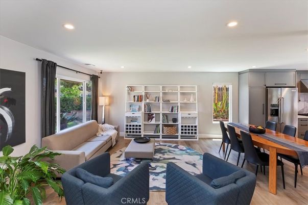 Dining room, Interior, Kitchen, Living room, Recessed Lighting, Stainless Steel Appliances, Wood Texture Flooring