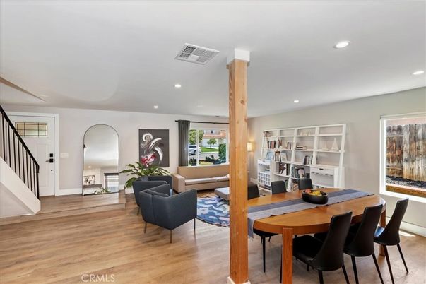 Dining room, Interior, Living room, Recessed Lighting, Wood Texture Flooring