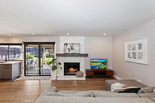 Fireplace, Interior, Living room, Recessed Lighting, Wood Texture Flooring
