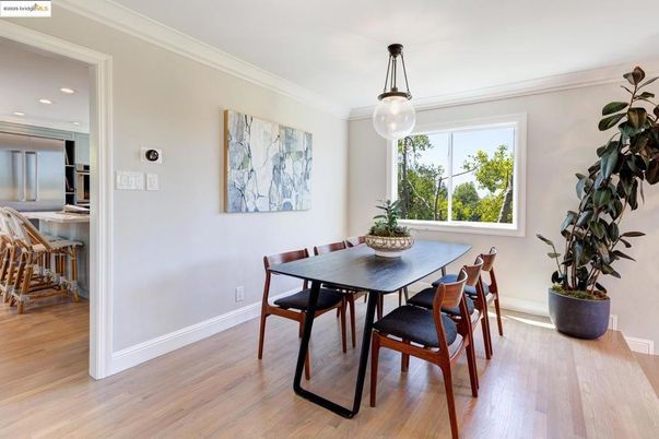 Dining room, Interior, Pendant Lights, Recessed Lighting, Wood Texture Flooring