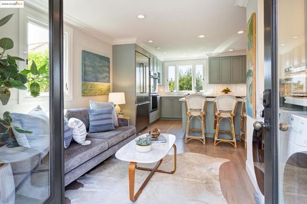 Interior, Kitchen, Living room, Recessed Lighting, Stainless Steel Appliances, Wood Texture Flooring