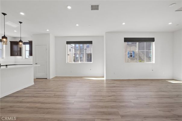 Empty room, Interior, Kitchen, Pendant Lights, Recessed Lighting, Wood Texture Flooring