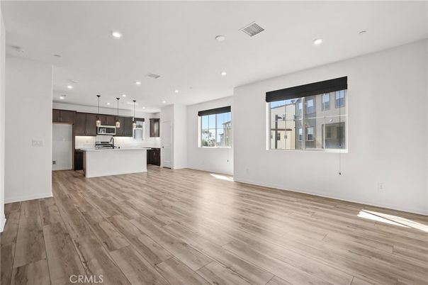 Empty room, Interior, Kitchen, Pendant Lights, Recessed Lighting, Wood Texture Flooring