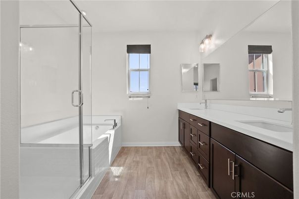 Bathroom, Dual Sink Vanities, Glass Shower, Interior, Wood Texture Flooring