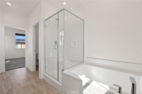 Bathroom, Glass Shower, Interior, Recessed Lighting, Wood Texture Flooring