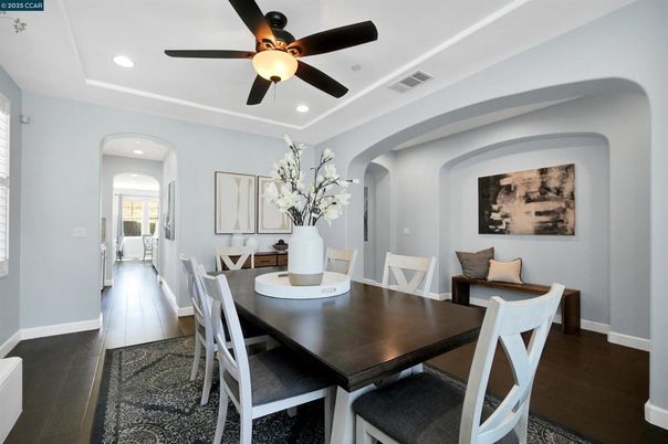 Dining room, Interior, Recessed Lighting, Wood Texture Flooring