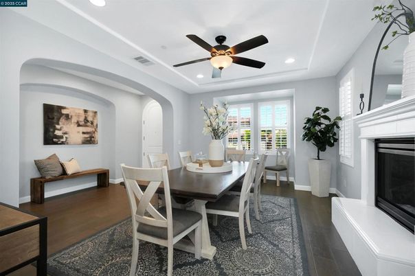 Dining room, Fireplace, Interior, Recessed Lighting, Wood Texture Flooring