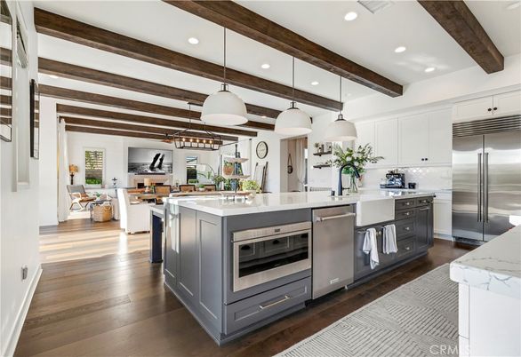 Interior, Kitchen, Pendant Lights, Recessed Lighting, Stainless Steel Appliances, Wooden Beams, Wood Texture Flooring