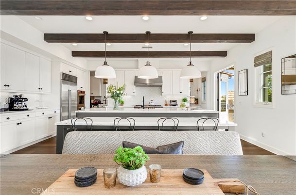 Interior, Kitchen, Pendant Lights, Recessed Lighting, Stainless Steel Appliances, Wooden Beams, Wood Texture Flooring