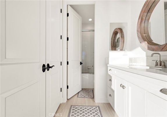 Bathroom, Glass Shower, Interior, Recessed Lighting, Wood Texture Flooring
