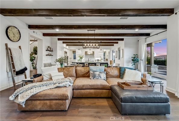 Interior, Kitchen, Living room, Pendant Lights, Recessed Lighting, Stainless Steel Appliances, Wooden Beams, Wood Texture Flooring