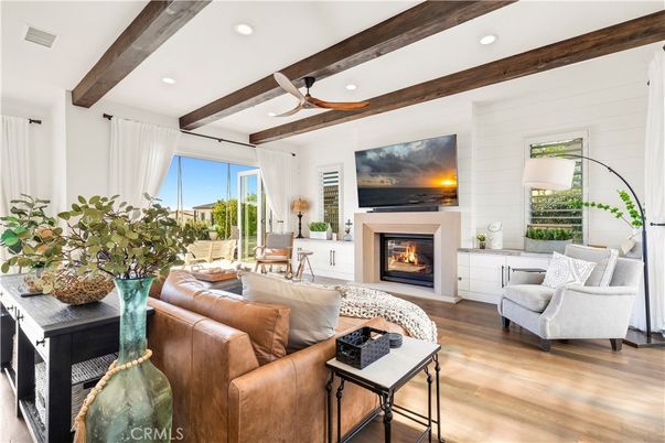 Fireplace, Interior, Living room, Recessed Lighting, Wooden Beams, Wood Texture Flooring