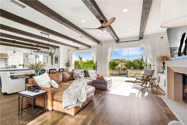 Fireplace, Interior, Kitchen, Living room, Pendant Lights, Recessed Lighting, Wooden Beams, Wood Texture Flooring