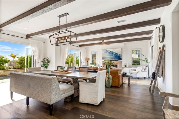 Chandelier, Dining room, Interior, Living room, Pendant Lights, Recessed Lighting, Wooden Beams, Wood Texture Flooring