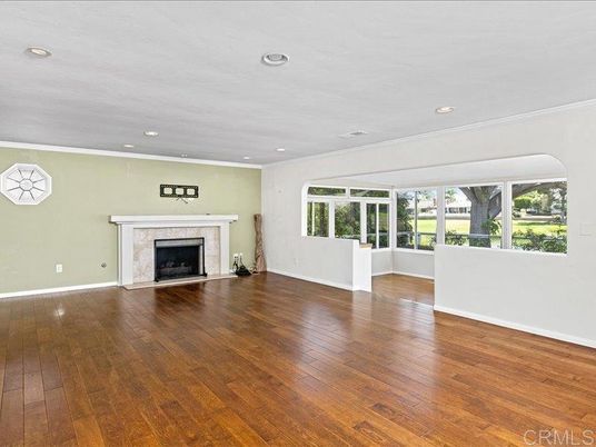 Empty room, Fireplace, Interior, Recessed Lighting, Wood Texture Flooring