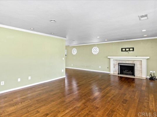 Empty room, Fireplace, Interior, Recessed Lighting, Wood Texture Flooring