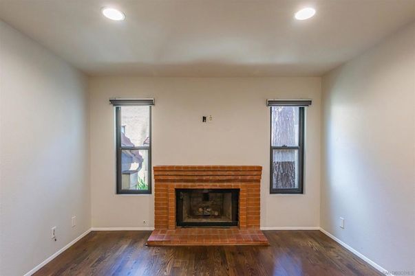 Empty room, Fireplace, Interior, Recessed Lighting, Wood Texture Flooring