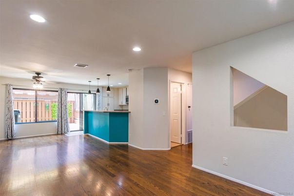 Empty room, Interior, Kitchen, Pendant Lights, Recessed Lighting, Wood Texture Flooring