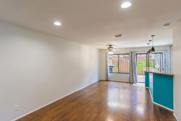 Empty room, Interior, Pendant Lights, Recessed Lighting, Wood Texture Flooring