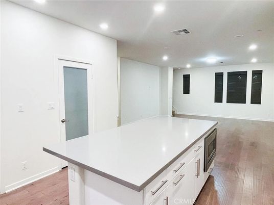 Empty room, Interior, Kitchen, Recessed Lighting, Wood Texture Flooring