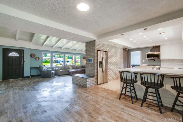 Interior, Kitchen, Living room, Recessed Lighting, Stone Walls, Wood Texture Flooring