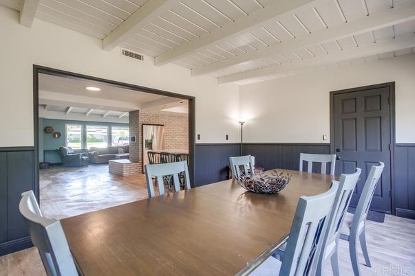 Dining room, Interior, Living room, Recessed Lighting, Wood Texture Flooring