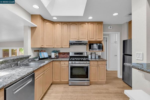 Interior, Kitchen, Recessed Lighting, Stainless Steel Appliances, Wood Texture Flooring
