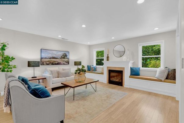 Fireplace, Interior, Living room, Recessed Lighting, Wood Texture Flooring