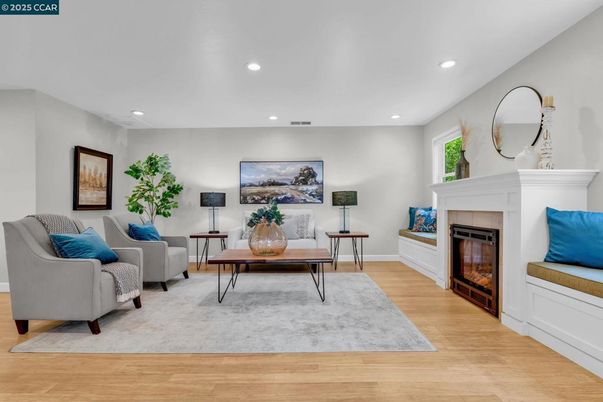 Fireplace, Interior, Living room, Recessed Lighting, Wood Texture Flooring