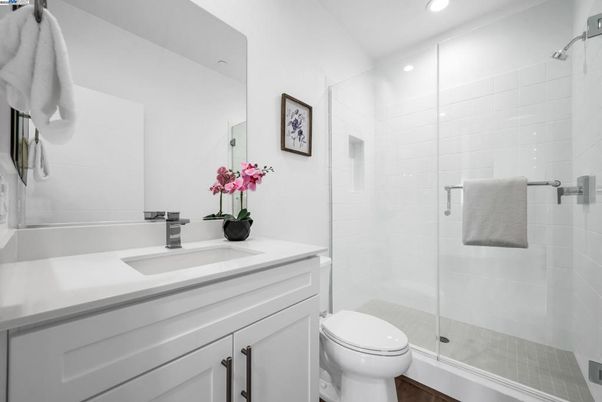 Bathroom, Glass Shower, Interior, Recessed Lighting, Wood Texture Flooring