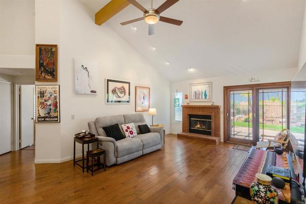 Fireplace, Interior, Living room, Recessed Lighting, Wooden Beams, Wood Texture Flooring