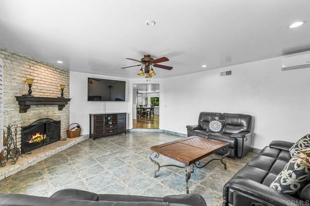 Fireplace, Interior, Living room, Recessed Lighting, Stone Walls