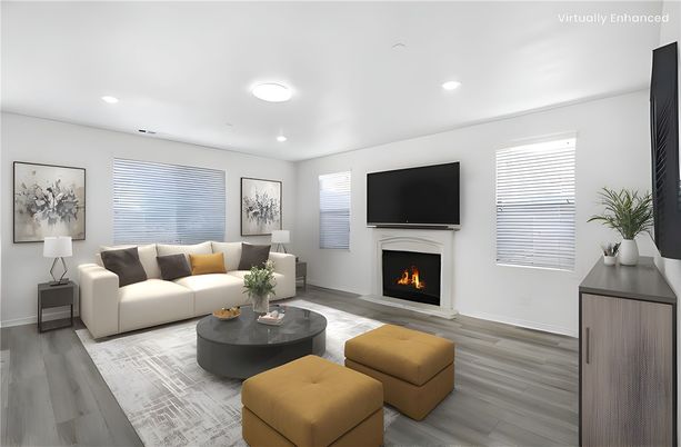 Fireplace, Interior, Living room, Recessed Lighting, Wood Texture Flooring