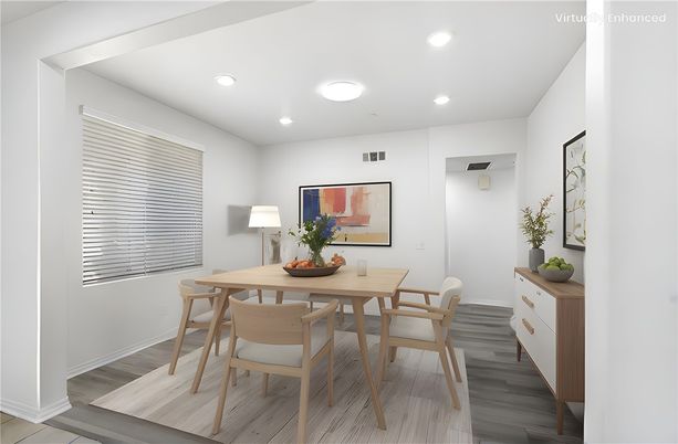 Dining room, Interior, Recessed Lighting, Wood Texture Flooring