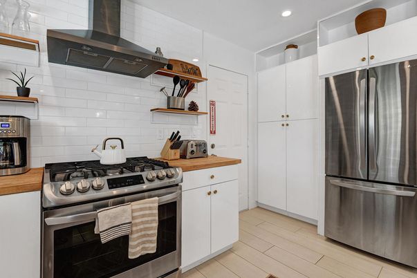Interior, Kitchen, Recessed Lighting, Stainless Steel Appliances, Wood Texture Flooring