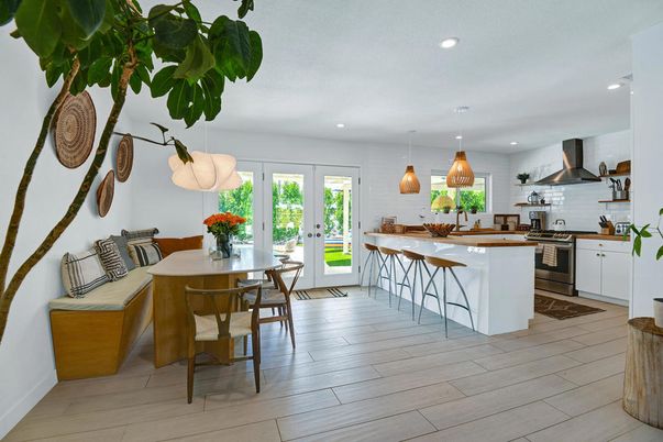 Dining room, Interior, Kitchen, Pendant Lights, Recessed Lighting, Stainless Steel Appliances, Wood Texture Flooring