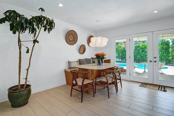 Dining room, Interior, Pendant Lights, Recessed Lighting, Wood Texture Flooring