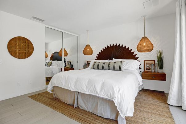 Bedroom, Interior, Pendant Lights, Wood Texture Flooring