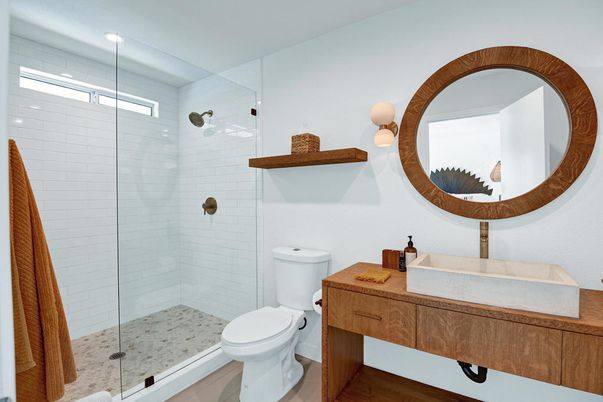 Bathroom, Glass Shower, Interior, Wood Texture Flooring