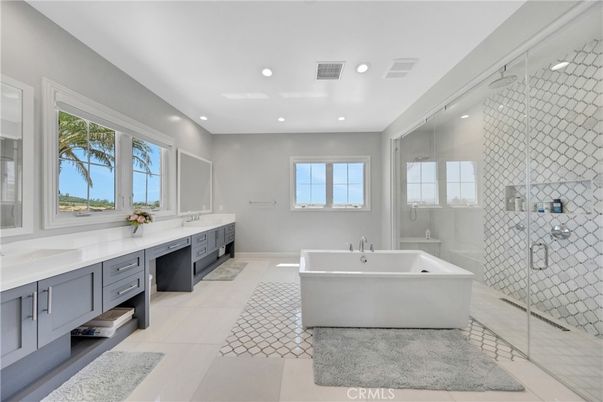 Bathroom, Dual Sink Vanities, Free Standing Baths, Glass Shower, Interior, Recessed Lighting