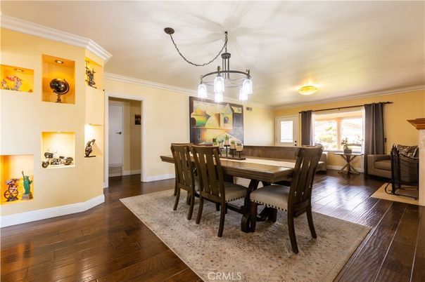 Dining room, Interior, Pendant Lights, Wood Texture Flooring