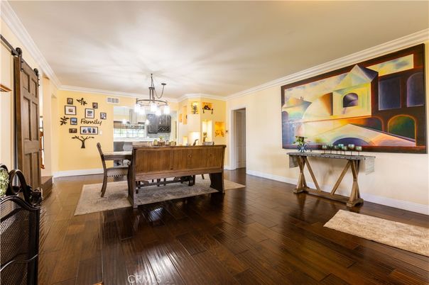 Dining room, Interior, Pendant Lights, Wood Texture Flooring
