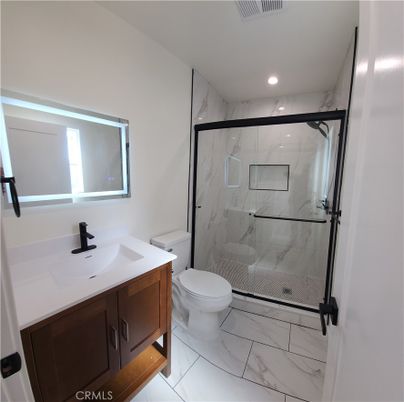 Bathroom, Glass Shower, Interior, Marble, Marble Walls, Recessed Lighting