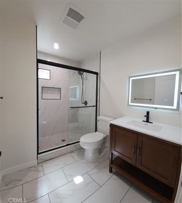 Bathroom, Glass Shower, Interior, Marble, Marble Walls, Recessed Lighting