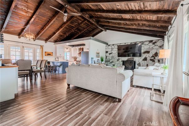 Dining room, Interior, Living room, Pendant Lights, Stone Walls, Wooden Beams, Wooden Ceilings, Wood Texture Flooring